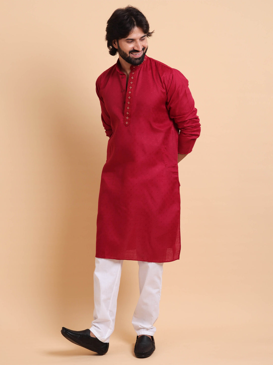 Men Embroidered Red Kurta Trouser Set