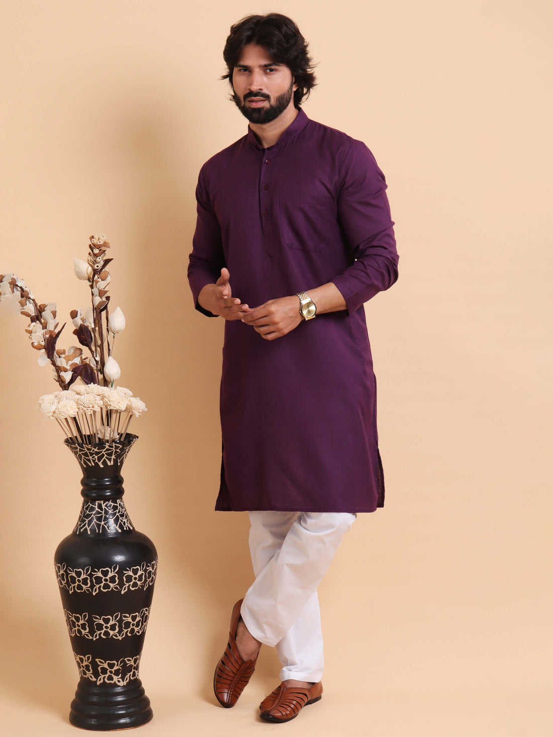 Men Vibrant Rich Violet Kurta Trouser Set
