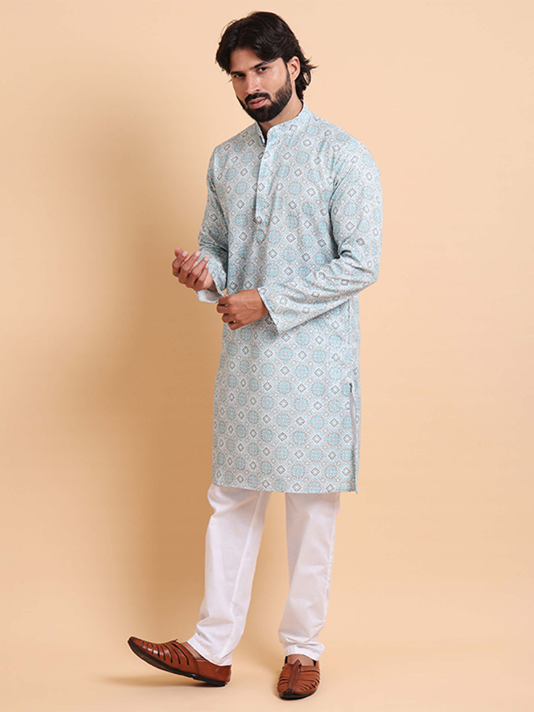 Men Blue Pattern Printed Kurta Trouser Set